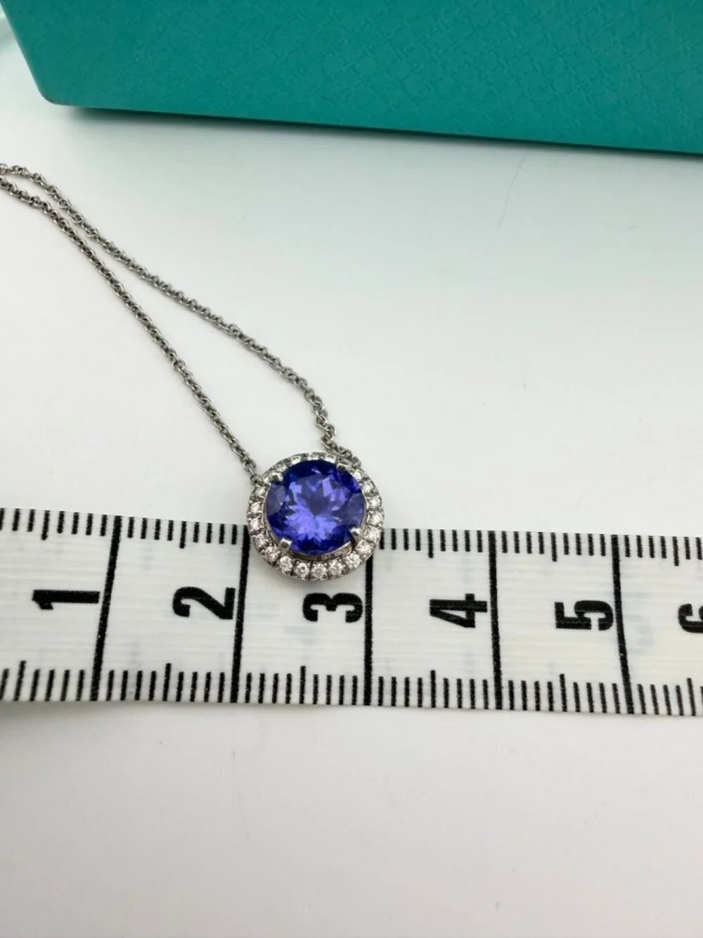 Tiffany & Co. Tanzanite Diamond Halo Solstice Necklace Platinum 16.25in